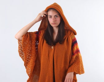 Hand knit hooded cape, Warm wool laced cardigan cape, Winter open poncho with big hood, Knit women's cloak, One button closure, Fall apparel