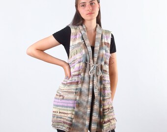 Long boho sleeveless cardigan, Hippie tie front colors cardigan, Colorful open front cardigan sweater, Hand knit cotton vest, Fall apparel