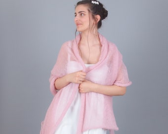 Long châle de mariage en mohair rose, écharpe de mariée en laine floue, châle de demoiselle d'honneur automne hiver, large étole de mariée blanche, couverture de robe de mariée