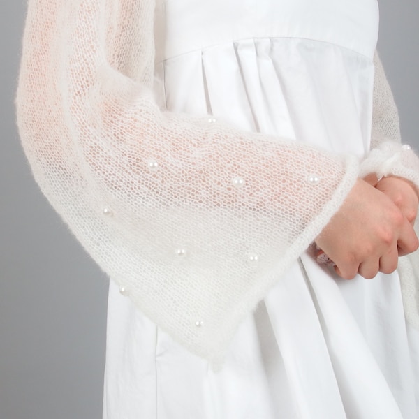 Braut Perlen Bolero, Hochzeit Perle Mohair Shrug, Glocke Ärmel flauschige Shrug, Kurze Ernte Cardigan, Brautjungfer vertuschen, Hand stricken Fuzzy Top