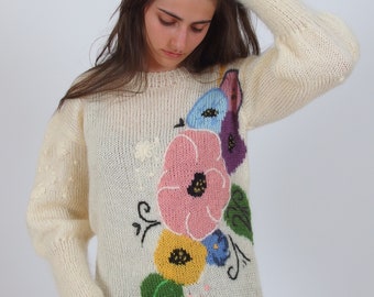 Pull fleuri coloré, Pull tricoté main avec fleurs brodées, Pull pull en laine mohair crème, Pull chaud d’hiver