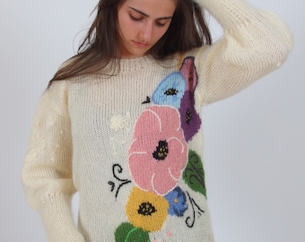 Pull fleuri coloré, Pull tricoté main avec fleurs brodées, Pull pull en laine mohair crème, Pull chaud d’hiver