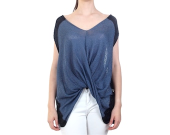 Loose twisted top with wide v-neck in blue, Roomy loose fit blouse, Asymmetric sleeveless summer top, Light knit top for women