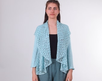 Cardigan con collo scialle fatto a mano, Cardigan in cotone turchese da donna, Maglione aperto a mano sul davanti, Maglieria in pizzo Pointelle