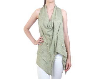 Asymmetric top with cowl neckline - Knit blouse with open shoulders - Sleeveless blouse - Green embroidered top with ties