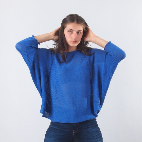 Merino Wolle Fledermaus Hülle Pullover, Dolman Ärmel roomy strick Bluse, Blau leicht oversized Pullover, Weich warm 100% natürliche Wolle