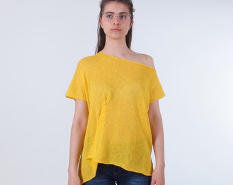 Oversized off the shoulder top, Asymmetrical blouse in yellow, Slouchy boat neck summer cotton top with cinched detail