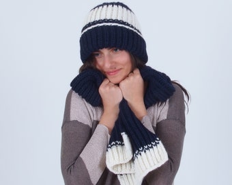 Damen Wintermütze und Schal Set, Dicke grobstrick handgestrickte Wintermütze, Alpaka Wolle Wintermütze, Warme Merino Wolle Mütze und Schal