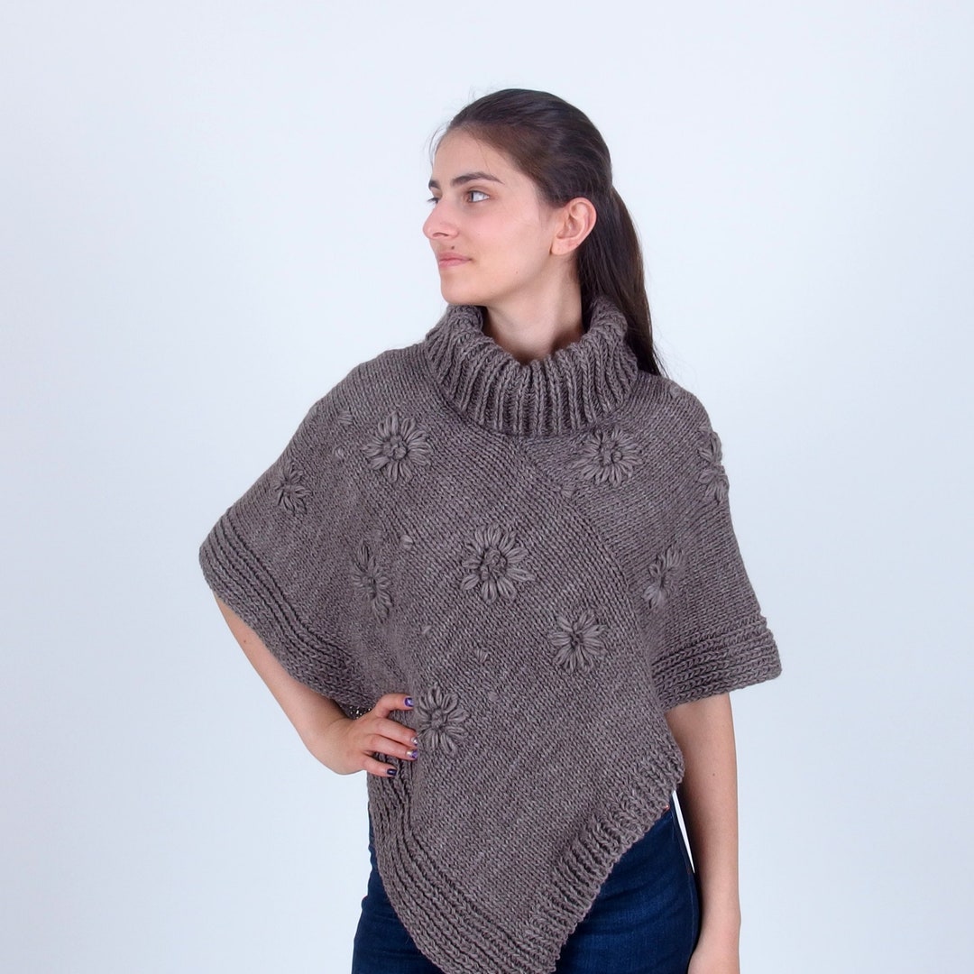 Roll Neck Alpaca Poncho, Hand Knit Merino Wool Cape, Turtleneck