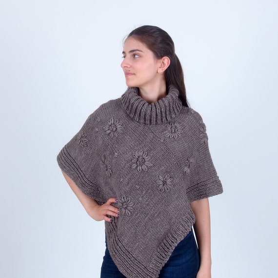 Etna Detectable postura Poncho de alpaca de cuello redondo Capa de lana merino tejida - Etsy España