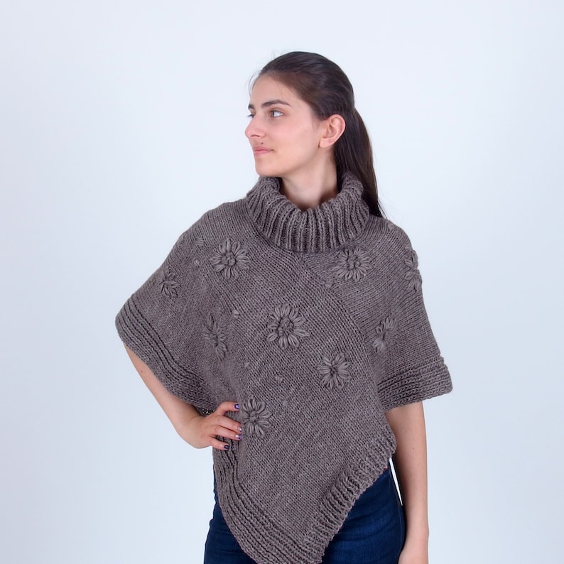 Roll neck alpaca poncho, Hand knit merino wool cape, Turtleneck winter floral poncho, Plus size triangle poncho Dark taupe