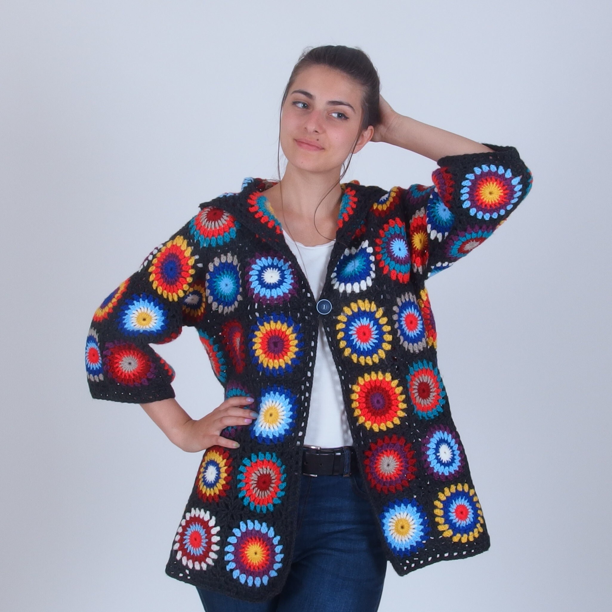 Granny square cardigan, Hooded patchwork coat, Colorful crochet sweater jacket, Afghan hippie boho coat, Vintage color block cardigan