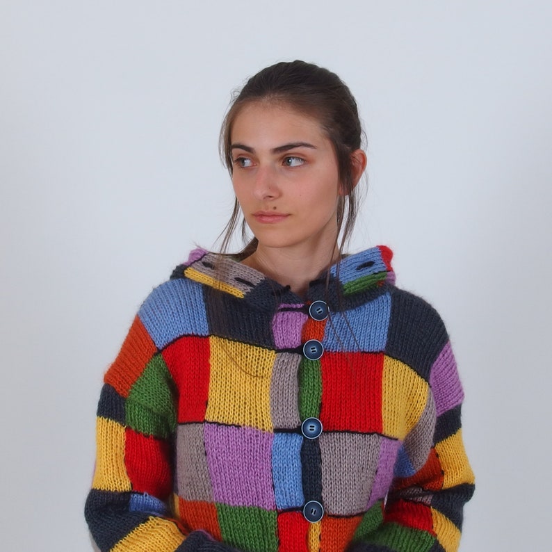 Color block patchwork cardigan, Harry Styles cardigan sweater, Colorful warm mohair wool cardigan, Multicolor abstract button up cardigan image 4