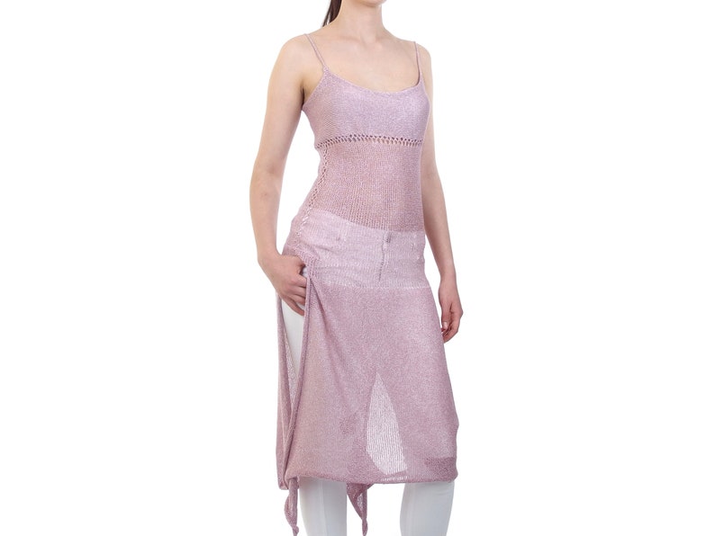 Knee-length tunic, Long pink elegant tunic, Layered tank top, Spaghetti strap tunic, Adjustable width, Summer knitwear image 1