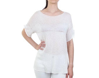 Tie-sleeve semi-sheer knit t-shirt, Casual fit women's blouse with boat neckline, White cotton top with short sleeves