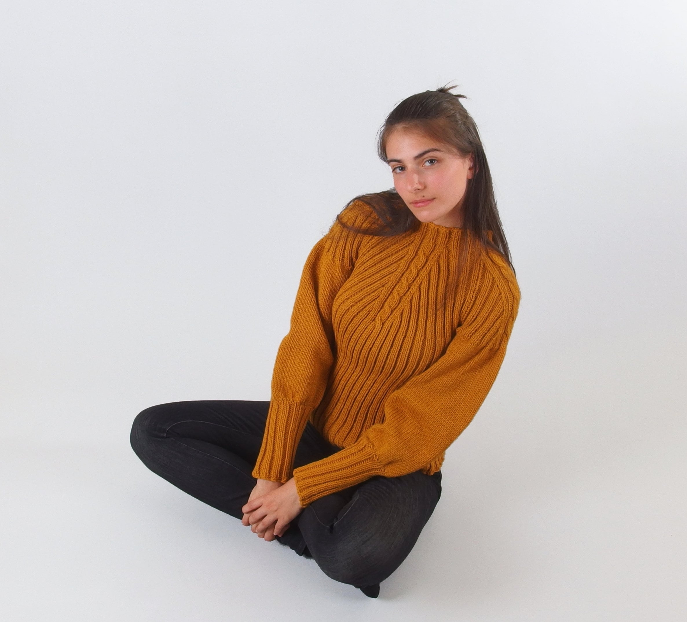 Mock Neck Puff Sleeve Sweater, Cable Knit Ribbed Trim Textured Sweater, Fitted Pullover Sweater with Long Sleeves, Rib Knit, Hand Knit, Wool