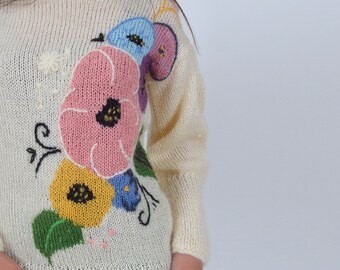 トップス Floral Mohair Knitted Pullover Colorful Floral Sweater, Hand Knit Jumper With Embroidered Flowers