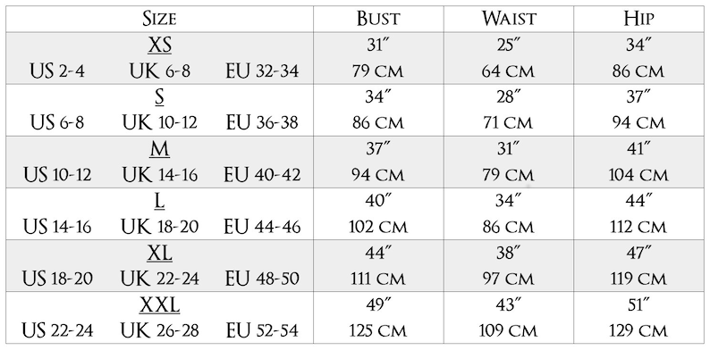 以下が含まれることがあります： インチとセンチメートルで測定された衣服のサイズチャート。チャートは、XS、S、M、L、XL、XXLのUS、UK、EUサイズを示しています。バスト、ウエスト、ヒップの測定値が提供されています。