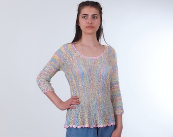 Colorful loose knit sweater, Lightweight knit multicolored blouse, See through open knit summer sweater
