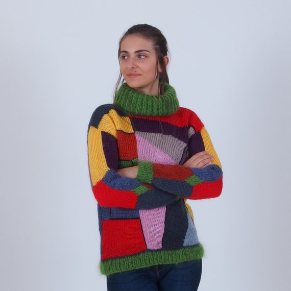 Patchwork Turtleneck Mohair Sweater Hand Knit Color Block - Etsy