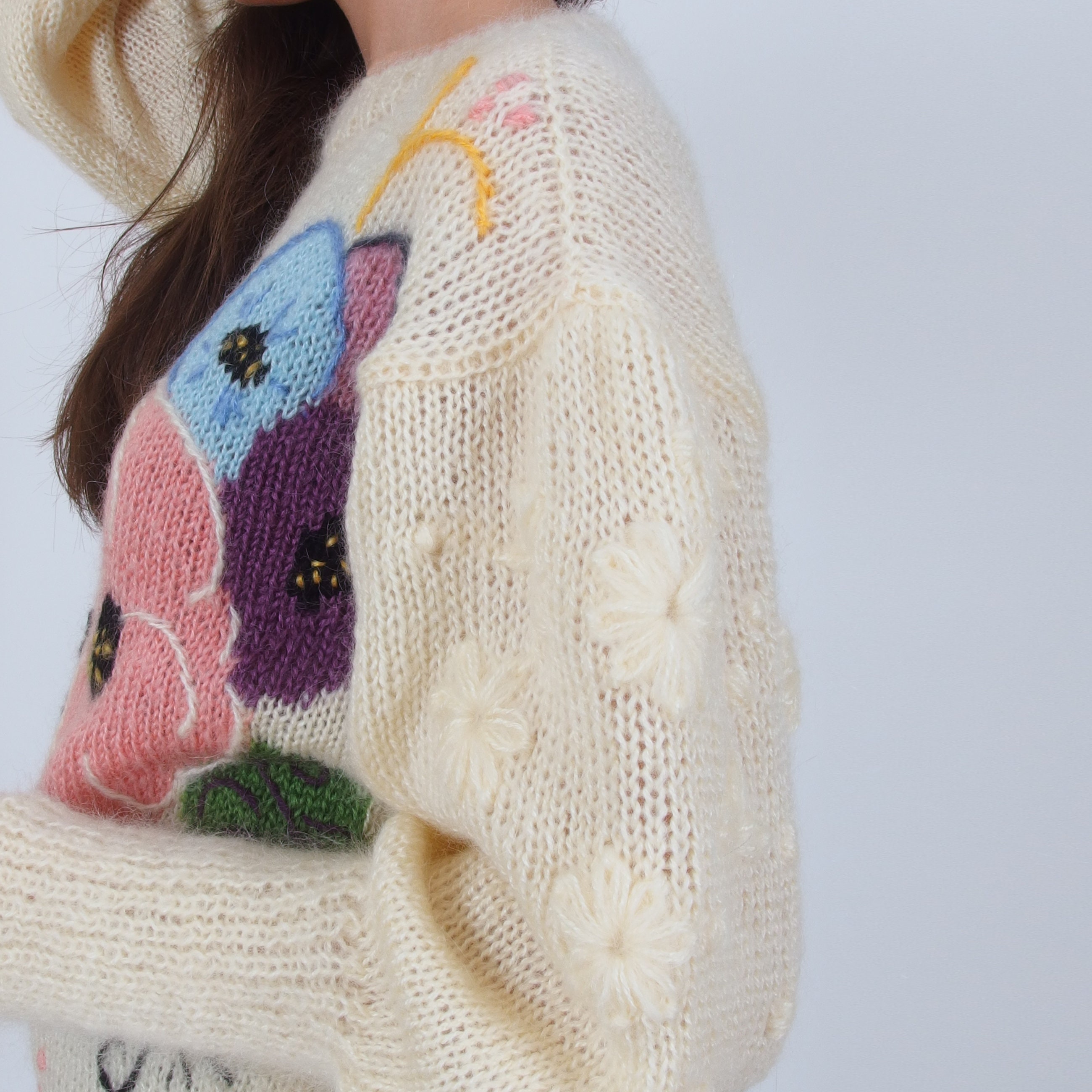 トップス Floral Mohair Knitted Pullover Colorful Floral Sweater, Hand Knit Jumper With Embroidered Flowers