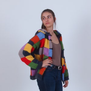 Color block patchwork cardigan, Harry Styles cardigan sweater, Colorful warm mohair wool cardigan, Multicolor abstract button up cardigan image 6