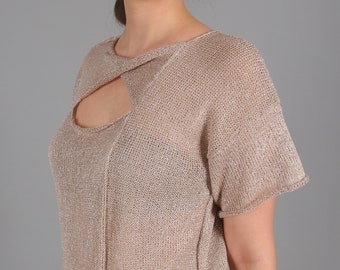 Cutout asymmetrical top, Cotton summer blouse with short sleeves, Knit sheer t-shirt