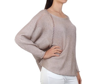 Bateau neck blouse, Boat neck sweater, Wide batwing sleeve, Long sleeve women&#39;s blouse, Beige sweater women, Fall apparel