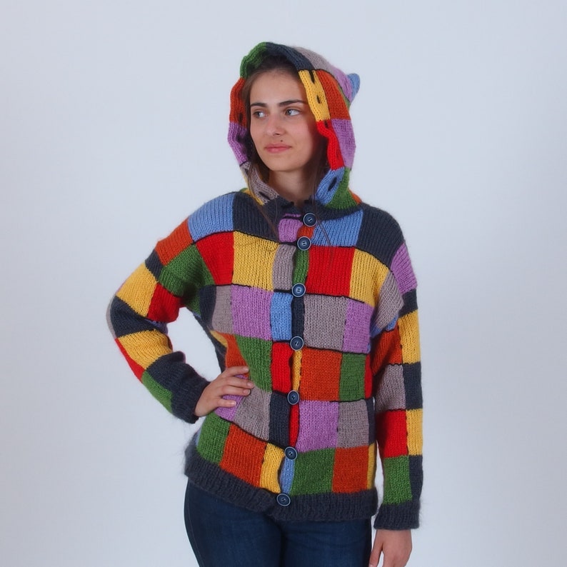 Color block patchwork cardigan, Harry Styles cardigan sweater, Colorful warm mohair wool cardigan, Multicolor abstract button up cardigan image 2