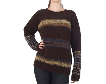 Hand knit chocolate brown sweater, Warm winter jumper for women, Long sleeve wool pullover sweater, Striped, Crew neck