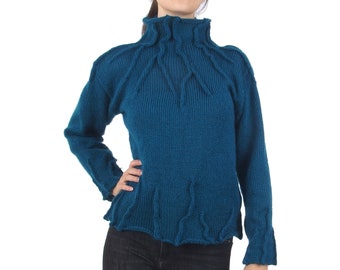 Blue mock neck sweater, Knit wool winter jumper, Wool blouse with long sleeves, Warm and soft textured sweater for women