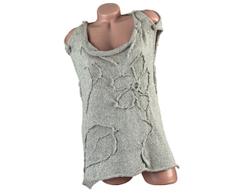 Handknit flower top, Women's sleeveless crochet shirt, knit summer blouse, Grey cotton shirt with laces