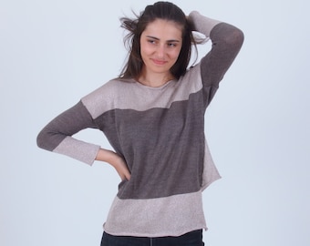 Asymmetrischer Merino Pullover, Feinstrick Pullover aus reiner Wolle, Minimalistischer Basic-Boot-Ausschnitt, Farbblockpullover, Weicher warmer Pullover