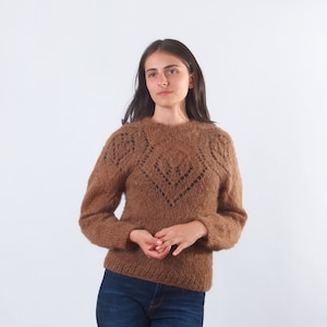 Handgebreide mohair-wollen trui, bruine damestrui met lange mouwen, pluizige zachte en gezellige trui voor dames