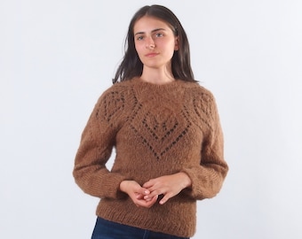 Handknit mohair wool sweater, Brown women's jumper with long sleeves, Fluffy soft and cozy sweater for ladies