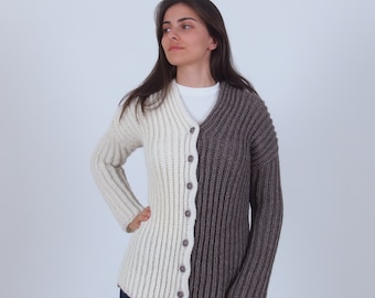 Thick alpaca wool two tone cardigan, Button up ribbed knit merino wool cardigan sweater, Oversized plus size winter cardigan, Hand knit
