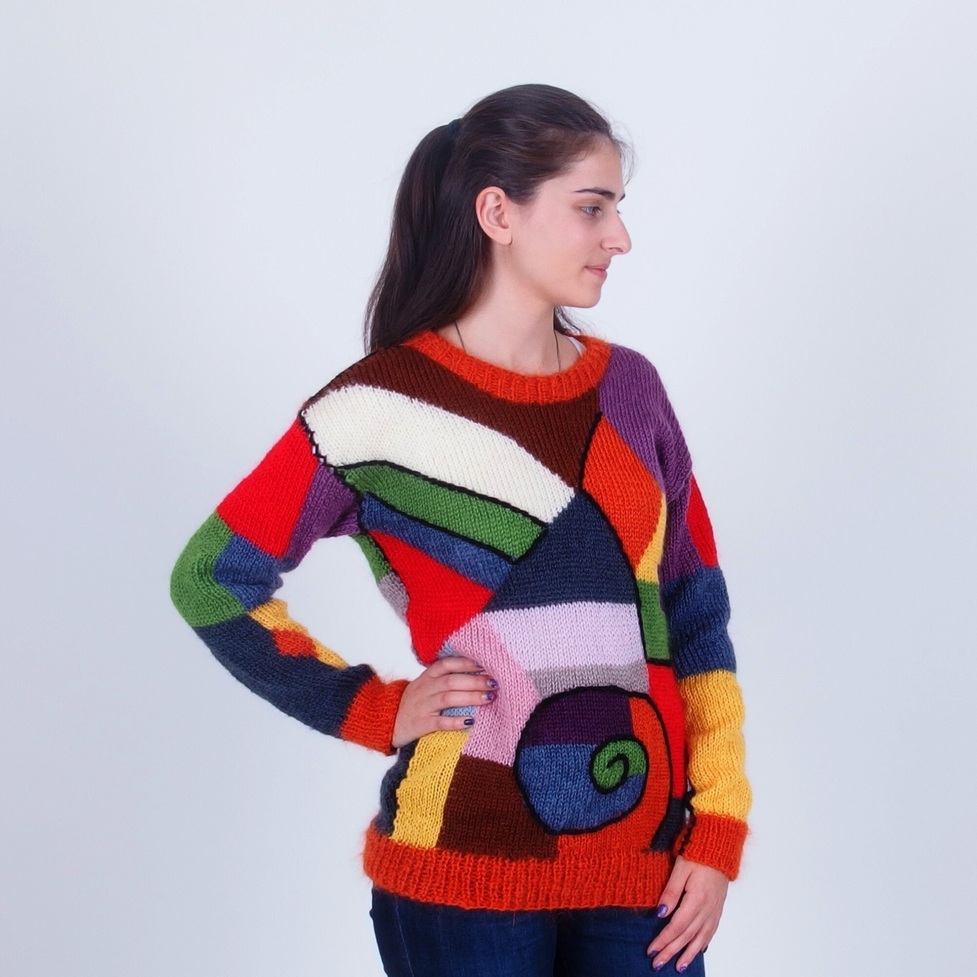 Color Block Mohair Sweater, Hand Knit Colorful Jumper Color Block Mohair Sweater, Hand Knit Colorful Jumper