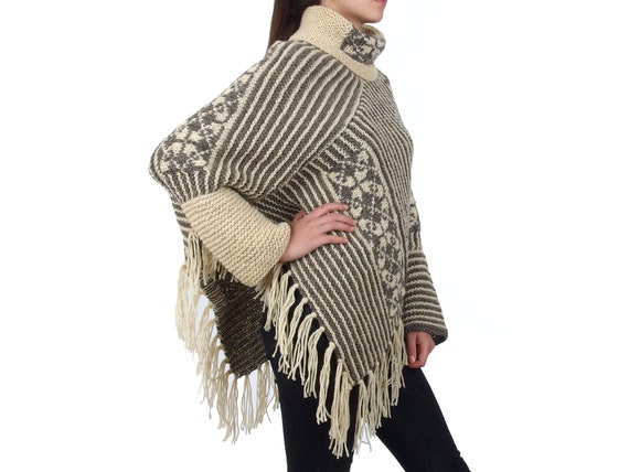 Turtleneck Poncho From Undyed Wool, 100% Handknit, Natural Cape