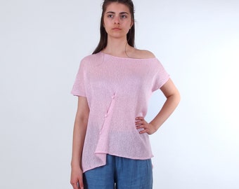 Slouchy off the shoulder top, Asymmetrical boat neck cotton top in baby pink, Oversized summer cinched women's blouse