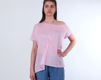 Slouchy off the shoulder top, Asymmetrical boat neck cotton top in baby pink, Oversized summer cinched women's blouse
