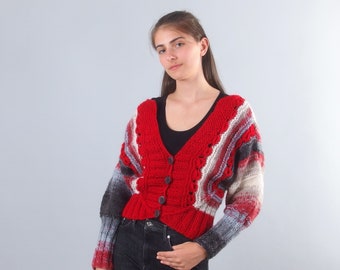 Red hand knit women's cardigan, Ribbed knit with crochet details, Wool button down cardigan, Warn and cozy, V-neckline and long sleeves