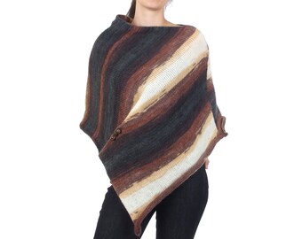 Knit wool poncho sweater for women, Sleeveless asymmetric poncho in brown and gray, Poncho knitted from soft wool blend, Fall apparel