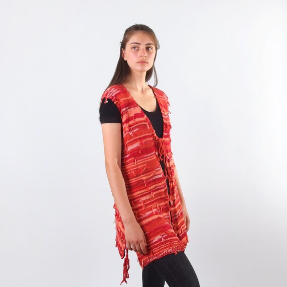 Red Sleeveless Tie Front Cardigan for Women Hand Knit Cotton