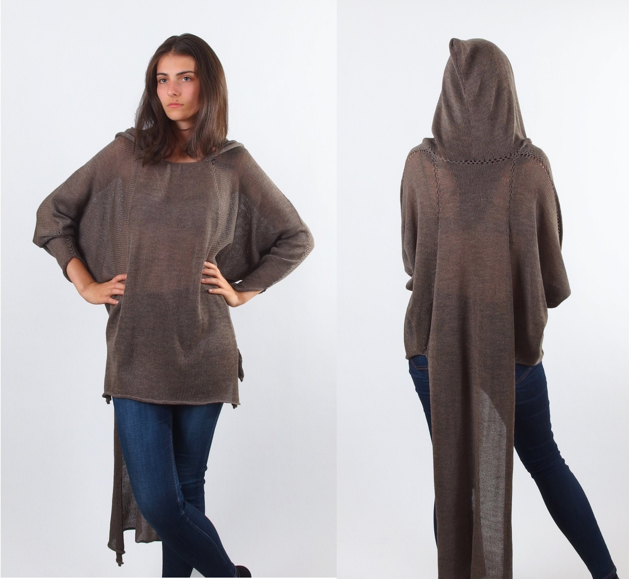 High Low Hooded Sweater 100% Merino Wool Tunic With Batwing - Etsy