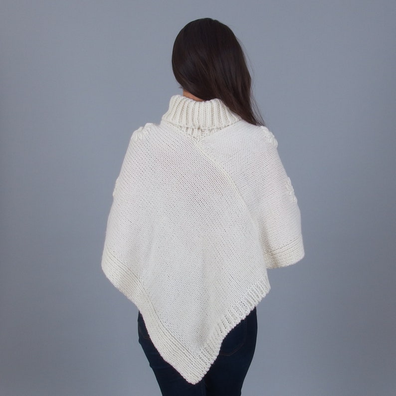 Roll neck alpaca poncho, Hand knit merino wool cape, Turtleneck winter floral poncho, Plus size triangle poncho image 6