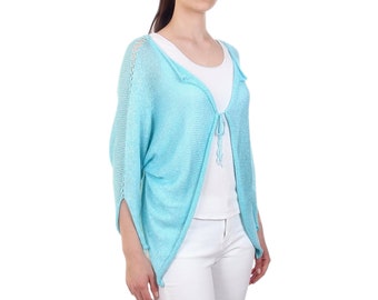 Tie front cardigan with pointed sleeves, Women's cardigan with batwing sleeves, Light summer knitwear made of cotton