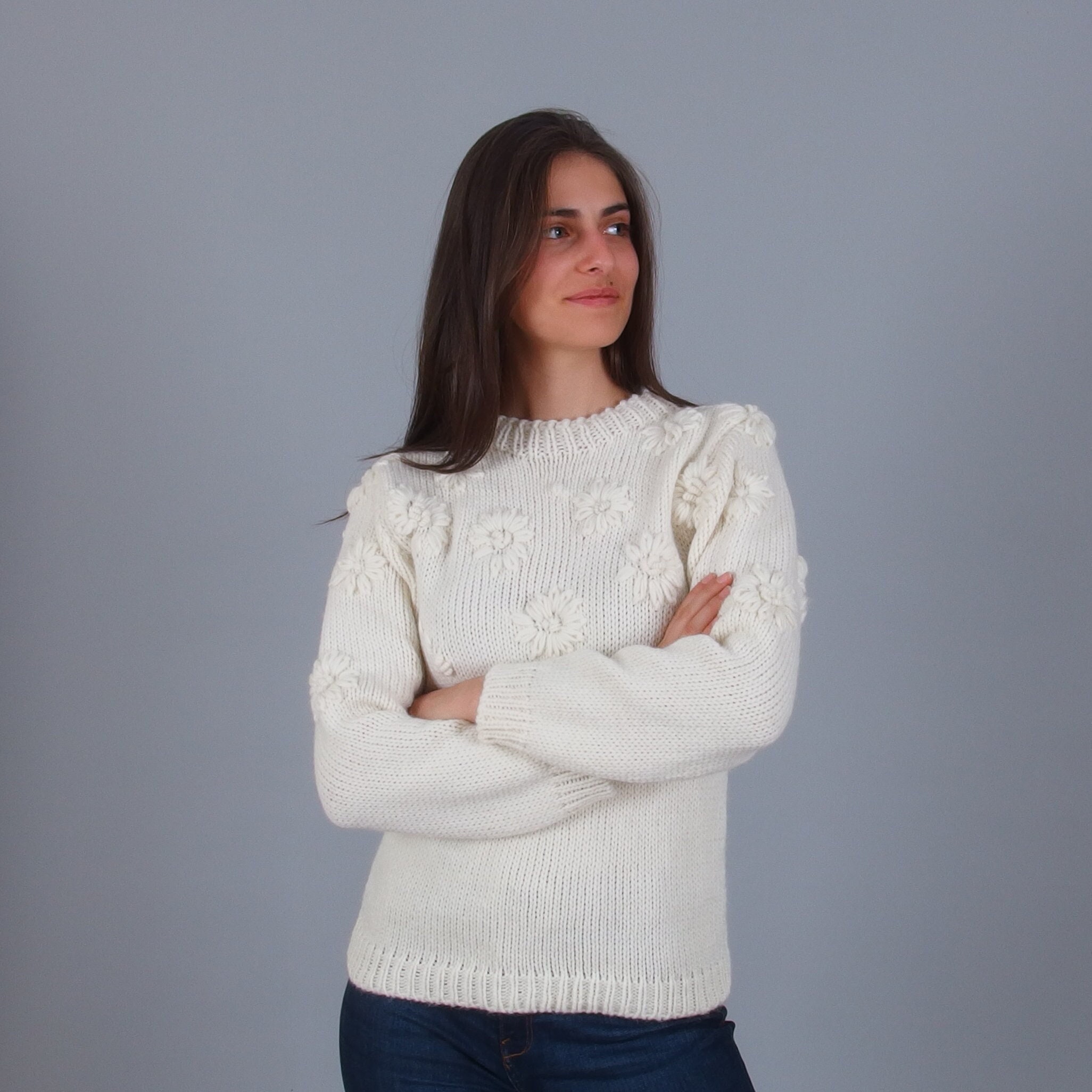 Hand knit alpaca sweater, Merino wool jumper with embroidered flowers, Soft warm floral pullover, Fall winter aesthetic sweater