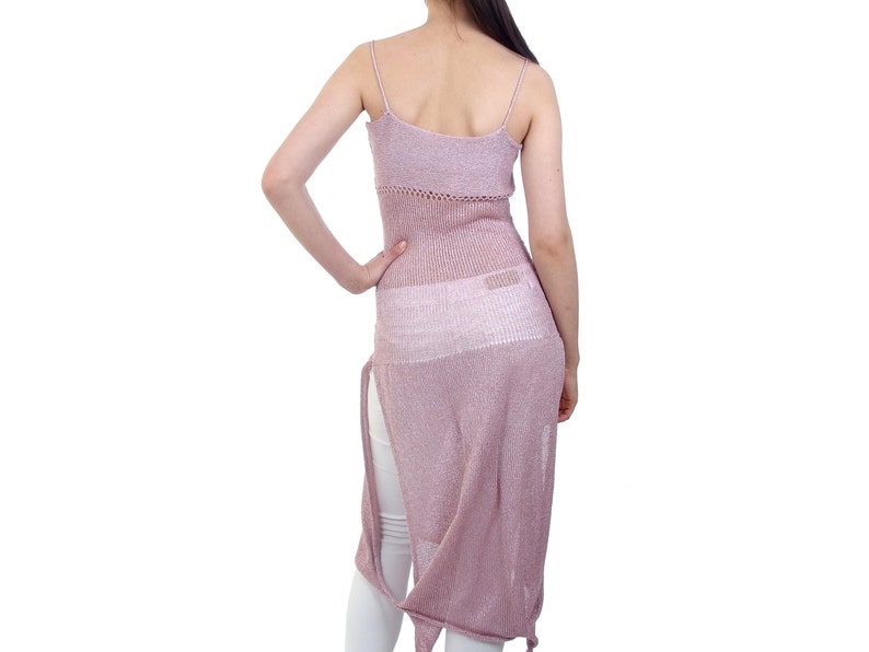 Knee-length tunic, Long pink elegant tunic, Layered tank top, Spaghetti strap tunic, Adjustable width, Summer knitwear image 3