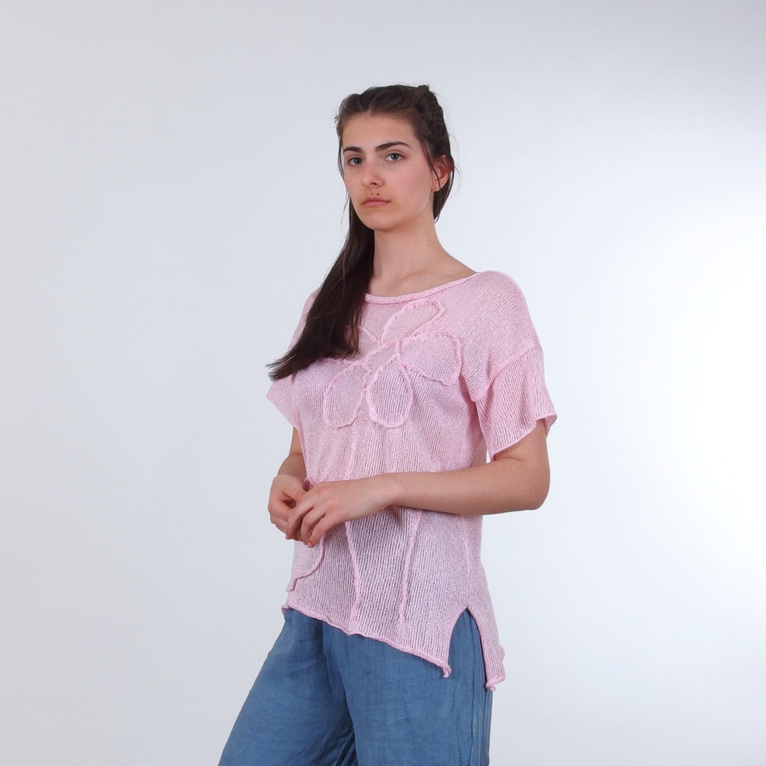 Hand Knit Floral Top, Cotton Summer Blouse With Embroidered Flowers