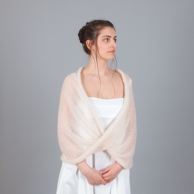 Wrap de châle de mariage torsadé, cape de mariée en mohair, capelet infini pour la mariée, couverture de mariage pure plus taille, pull blanc ivoire crème image 1